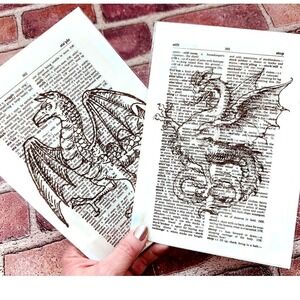 Dragon Theme Upcycled Dictionary Art Prints Set of 2 Mini Posters Fantasy OOAK